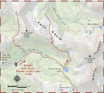 ants basin and fourth of july lake: map copyright 2001 E.B. Phillips