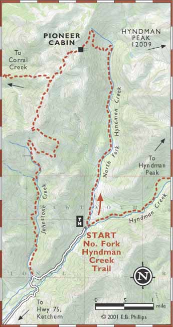 hyndman creek & peak, pioneer cabin : map copyright 2001 E.B. Phillips