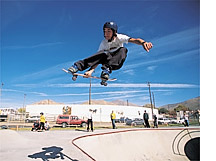 photo by David N. Seelig  Jens Peterson catches some method air at the Hailey Skate Park.