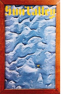 This 1970s promotional poster for Sun Valley features Bobbie Burns threading his way down the Exhibition ski run on Bald Mountain.